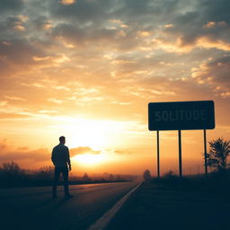 A solitary man standing alone on an empty road during sunset, surrounded by a cloudy sky with a touch of fog