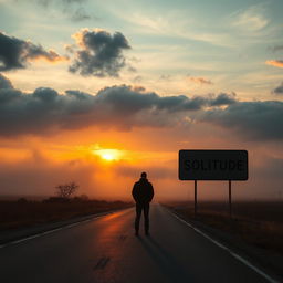 A solitary man standing alone on an empty road during sunset, surrounded by a cloudy sky with a touch of fog