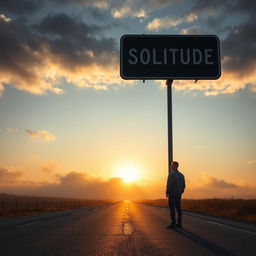 A solitary man standing alone on an empty road during sunset, surrounded by a cloudy sky with a touch of fog