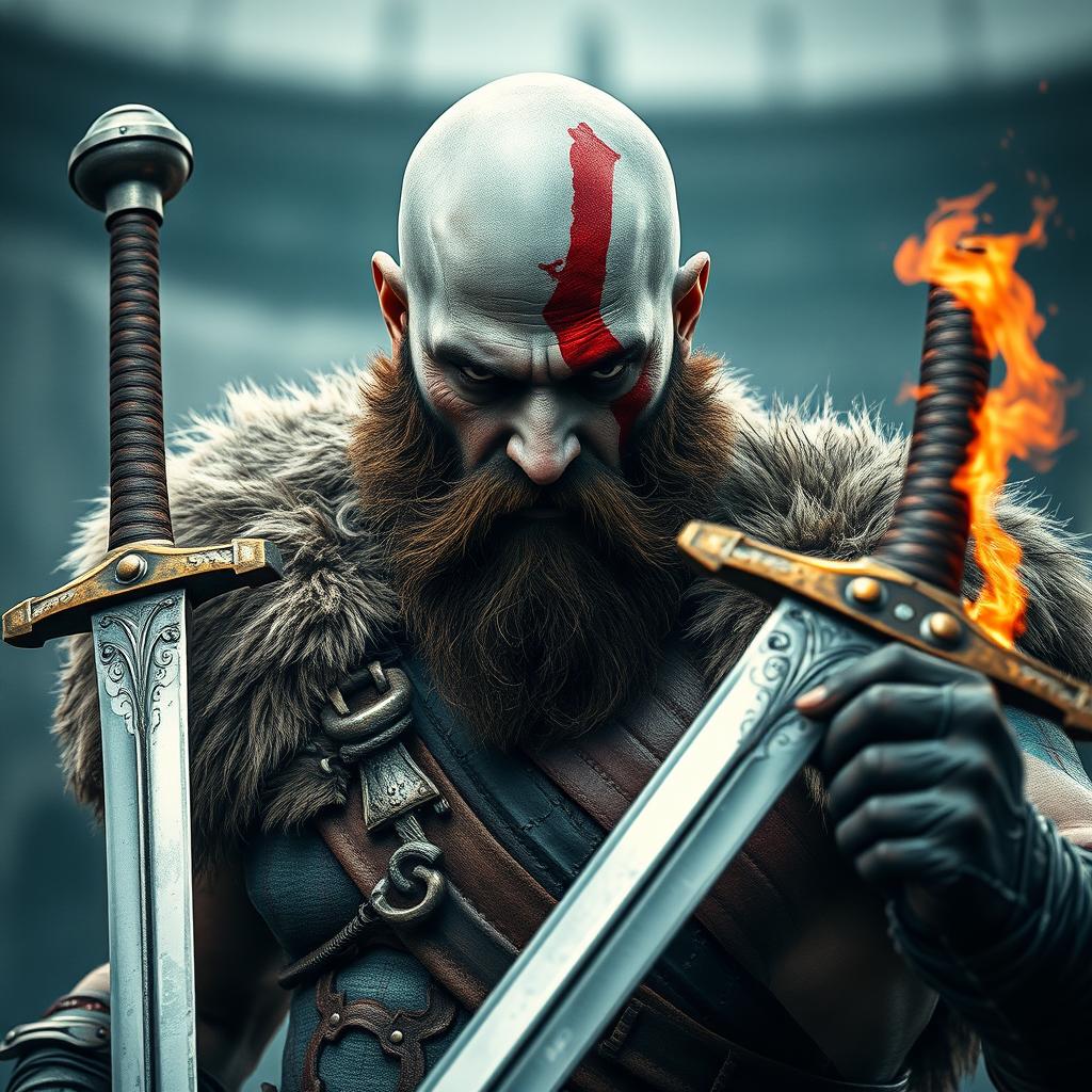 A warrior inspired by Kratos from God of War: Ragnarok, featuring a bald, bearded man with an angry expression