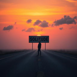 A solitary man stands on an empty road at sunset, with the sky painted in vibrant hues of orange, pink, and purple