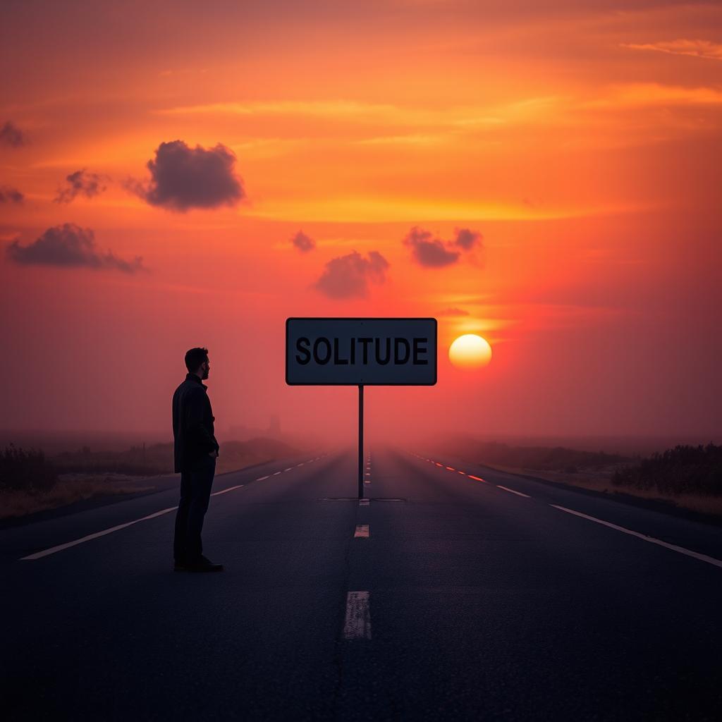 A solitary man stands on an empty road at sunset, with the sky painted in vibrant hues of orange, pink, and purple