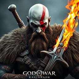 A warrior inspired by Kratos from God of War: Ragnarok, featuring a bald, bearded man with an angry expression