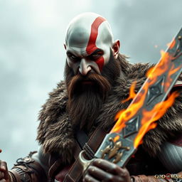 A warrior inspired by Kratos from God of War: Ragnarok, featuring a bald, bearded man with an angry expression