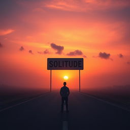 A solitary man stands on an empty road at sunset, with the sky painted in vibrant hues of orange, pink, and purple