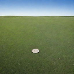 A vast pastoral field under a clear sky, with the impression of a shiny one-dollar coin stamped onto it.