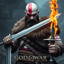 A warrior inspired by Kratos from God of War: Ragnarok, featuring a bald, bearded man with an angry expression