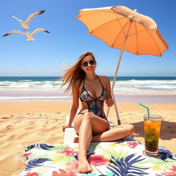 A woman enjoying a sunny day at the beach, with golden sands stretching into the horizon