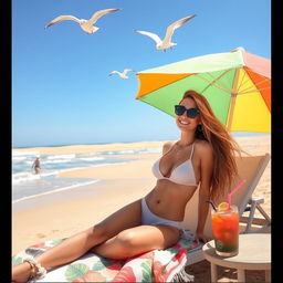 A woman enjoying a sunny day at the beach, with golden sands stretching into the horizon