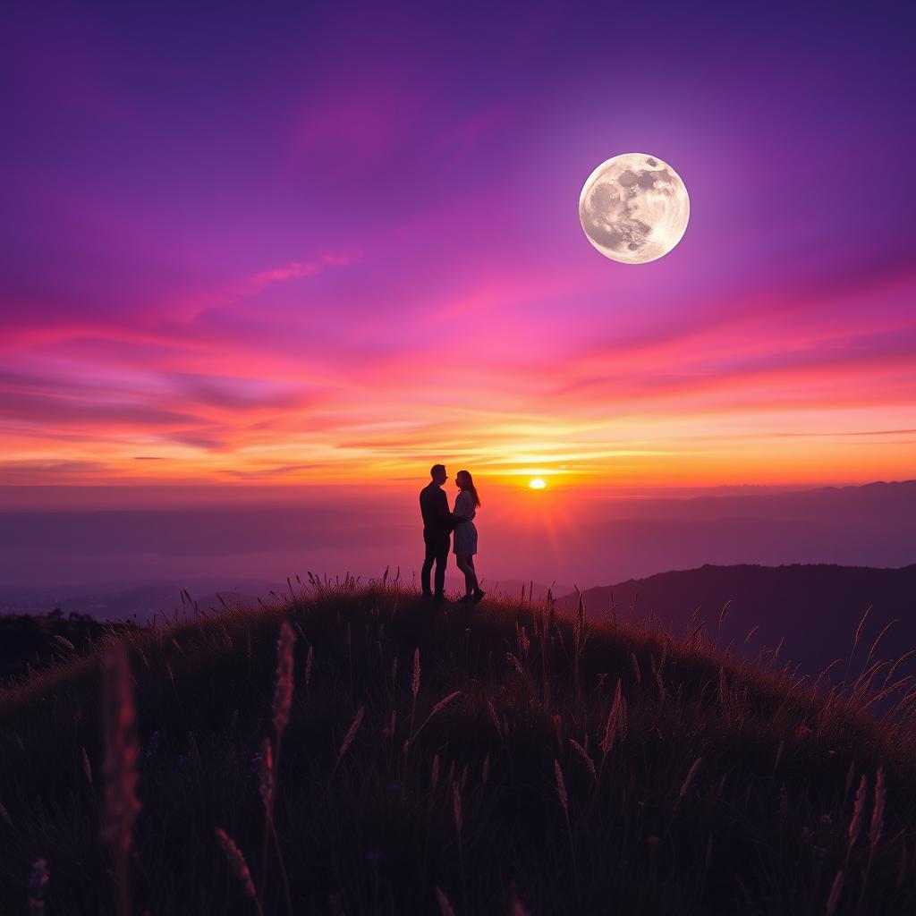 Two people standing on top of a hill, surrounded by a vibrant mix of moonlight and sunset hues