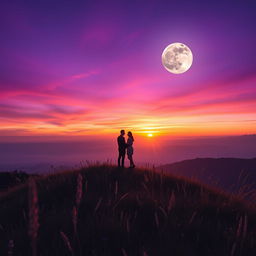 Two people standing on top of a hill, surrounded by a vibrant mix of moonlight and sunset hues