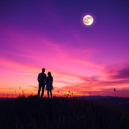 Two people standing on top of a hill, surrounded by a vibrant mix of moonlight and sunset hues