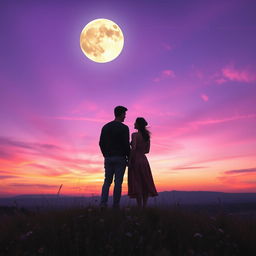 Two people standing on top of a hill, surrounded by a vibrant mix of moonlight and sunset hues