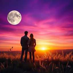 Two people standing on top of a hill, surrounded by a vibrant mix of moonlight and sunset hues