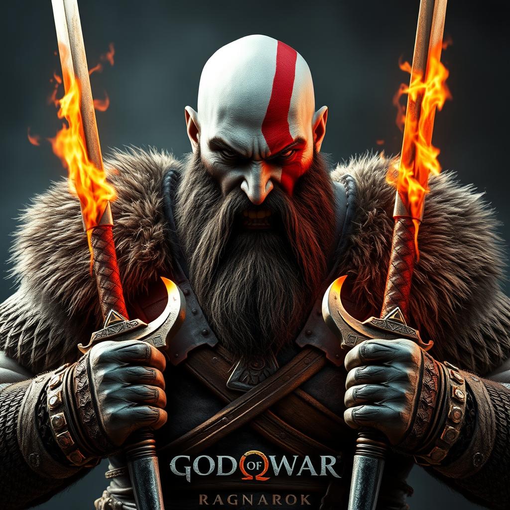 A fierce warrior resembling Kratos from God of War: Ragnarok, depicted as a bald, bearded man with an intense, angry expression