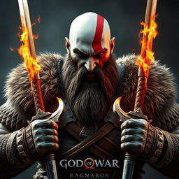 A fierce warrior resembling Kratos from God of War: Ragnarok, depicted as a bald, bearded man with an intense, angry expression