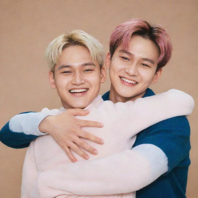 Mingyu and Woozi from the K-pop group Seventeen in a warm hug, with Mingyu hugging Woozi from behind. Both are smiling and expressing fond camaraderie.