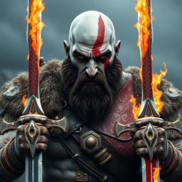 A fierce warrior resembling Kratos from God of War: Ragnarok, depicted as a bald, bearded man with an intense, angry expression