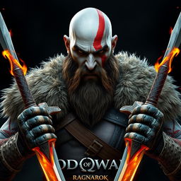 A fierce warrior resembling Kratos from God of War: Ragnarok, depicted as a bald, bearded man with an intense, angry expression