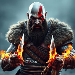 A fierce warrior resembling Kratos from God of War: Ragnarok, depicted as a bald, bearded man with an intense, angry expression