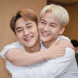 Mingyu and Woozi from the K-pop group Seventeen in a warm hug, with Mingyu hugging Woozi from behind. Both are smiling and expressing fond camaraderie.