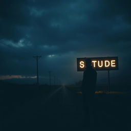 A solitary man stands on an empty road at dark and cloudy sunset, with moody, overcast skies casting deep shadows