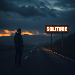 A solitary man stands on an empty road at dark and cloudy sunset, with moody, overcast skies casting deep shadows