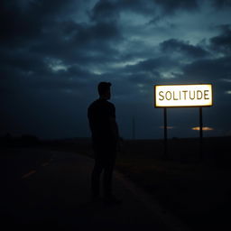 A solitary man stands on an empty road at dark and cloudy sunset, with moody, overcast skies casting deep shadows