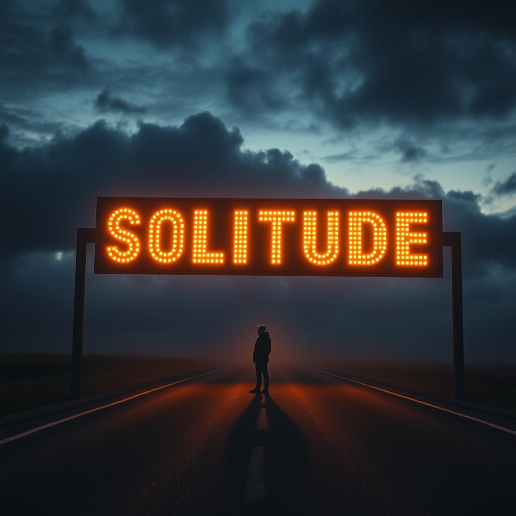 A solitary man standing alone on an empty road during a dark and cloudy sunset, surrounded by a touch of fog