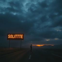 A solitary man standing alone on an empty road during a dark and cloudy sunset, surrounded by a touch of fog