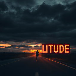 A solitary man standing alone on an empty road during a dark and cloudy sunset, surrounded by a touch of fog