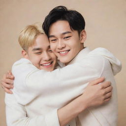 Mingyu and Woozi from the K-pop group Seventeen in a warm hug, with Mingyu hugging Woozi from behind. Both are smiling and expressing fond camaraderie.