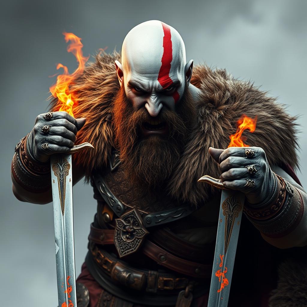 A powerful warrior inspired by Kratos from God of War: Ragnarok, depicted as a bald, bearded man with an intimidating, angry expression