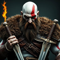 A powerful warrior inspired by Kratos from God of War: Ragnarok, depicted as a bald, bearded man with an intimidating, angry expression