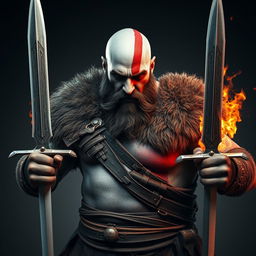 A powerful warrior inspired by Kratos from God of War: Ragnarok, depicted as a bald, bearded man with an intimidating, angry expression