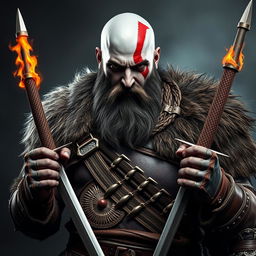 A powerful warrior inspired by Kratos from God of War: Ragnarok, depicted as a bald, bearded man with an intimidating, angry expression