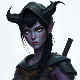 A 25-year-old tiefling female with striking white eyes that lack both irises and pupils