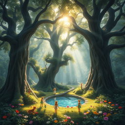 A whimsical fairytale forest scene where towering ancient trees form a natural canopy, with sunbeams filtering through the leaves and casting a magical glow