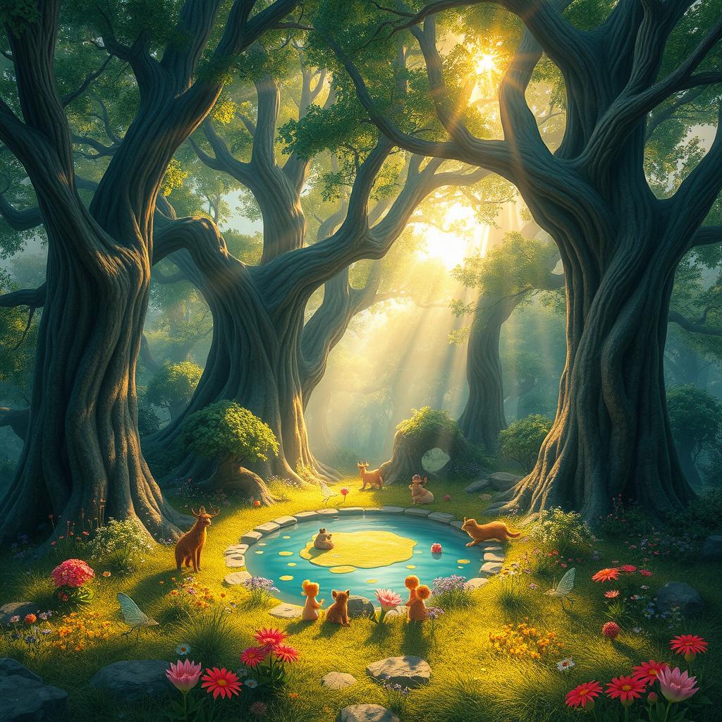 A whimsical fairytale forest scene where towering ancient trees form a natural canopy, with sunbeams filtering through the leaves and casting a magical glow