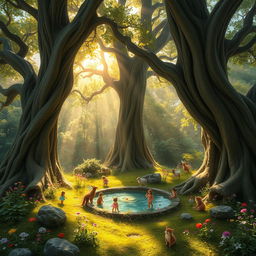 A whimsical fairytale forest scene where towering ancient trees form a natural canopy, with sunbeams filtering through the leaves and casting a magical glow