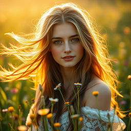 A tasteful and artistic depiction of a young woman in a serene meadow during the golden hour