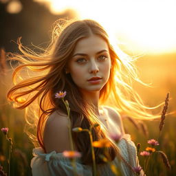 A tasteful and artistic depiction of a young woman in a serene meadow during the golden hour