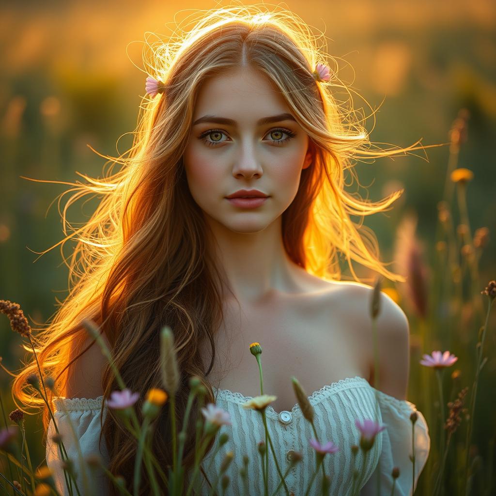 A tasteful and artistic depiction of a young woman in a serene meadow during the golden hour