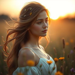 A tasteful and artistic depiction of a young woman in a serene meadow during the golden hour