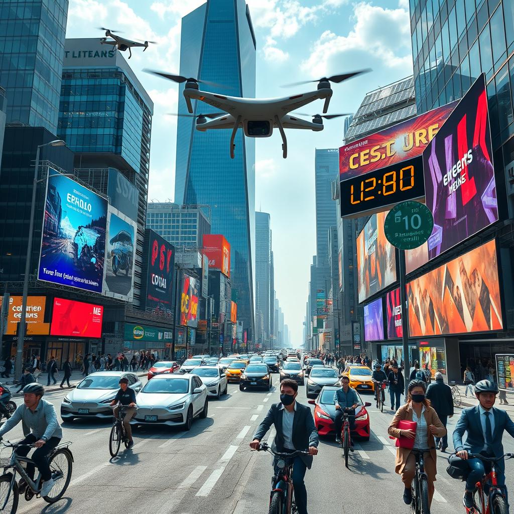 Futuristic, dynamic scene showing people actively commuting in a bustling city with a mixture of traditional and highly advanced technology