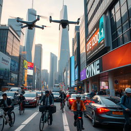 Futuristic, dynamic scene showing people actively commuting in a bustling city with a mixture of traditional and highly advanced technology