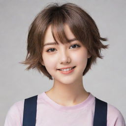 A cute 18-year-old anime girl with short hair, expressing her youthful charm and lively personality.