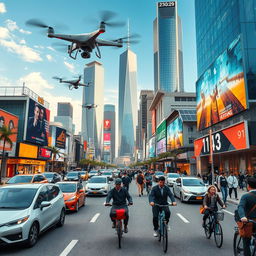 Futuristic, dynamic scene showing people actively commuting in a bustling city with a mixture of traditional and highly advanced technology