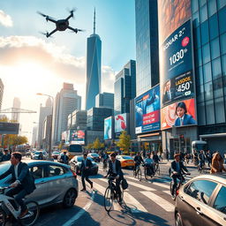 Futuristic, dynamic scene showing people actively commuting in a bustling city with a mixture of traditional and highly advanced technology