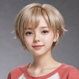 A cute 18-year-old anime girl with short hair, expressing her youthful charm and lively personality.